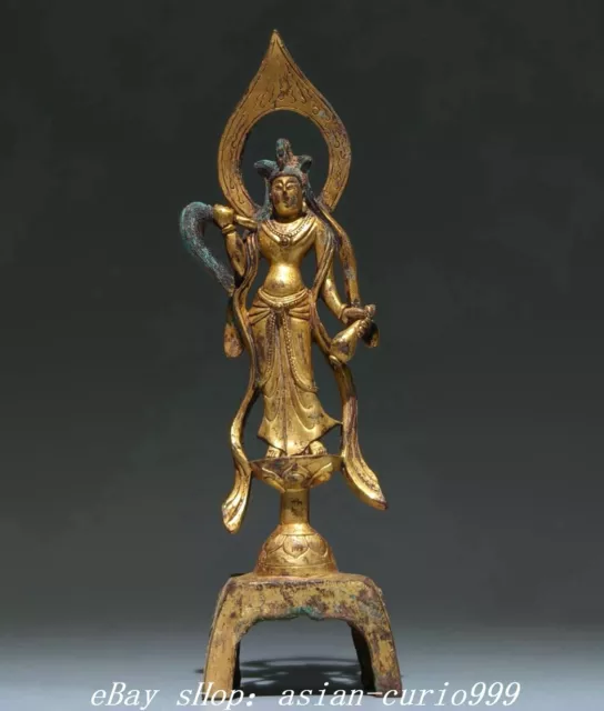 7''Old China Bronze Ware Gilt Inscription Kwan-yin Guan Yin Goddess Stand Statue