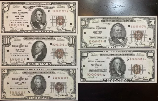 Reproduction Set 1929 Federal Reserve Bank Notes $5 $10 $20 $50 $100 Copies