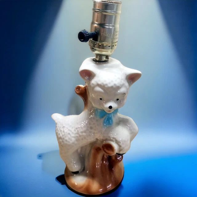 Adorable Ceramic Lamb in Blue Bow Baby Room Nursery Lamp 8"h c1950s *Works*