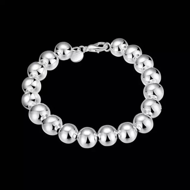 925 Silver 10mm Hollow Beads Chain Bracelet Bangle Womens Mens Fashion Bracelet