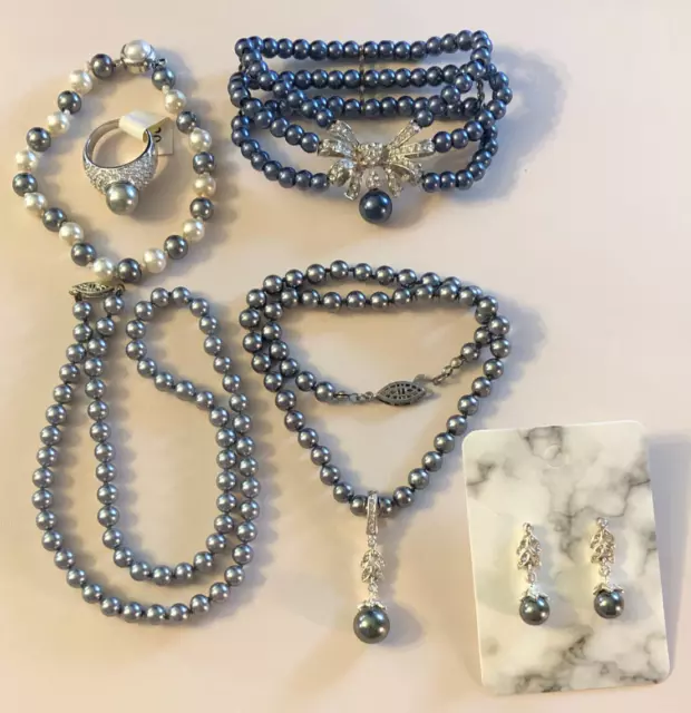 VTG Faux Tahitian Pearl Necklace Earrings Set Enhancer Pendant Bracelet Rng 5890