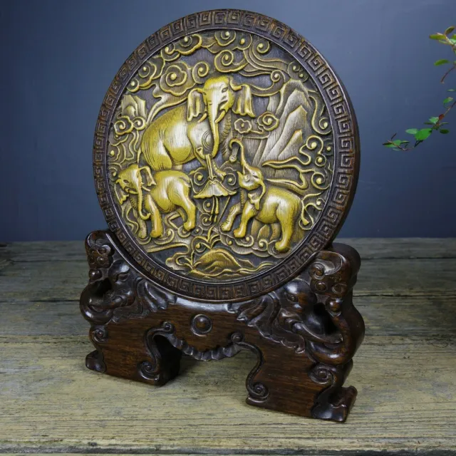 9.4 "Chinese Old Rosewood Carved Inlaid Bamboo Elephant Statue Screen Home Decor
