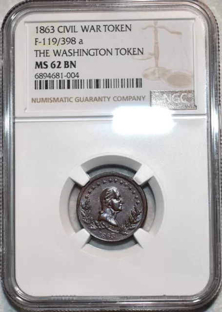 NGC MS-62 BN 1863 Washington/Star in Wreath Civil War Token, F-119/398a