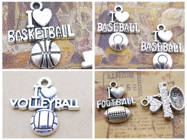 20 Tibet Silver Tone Alloy I Love Football Basketball Sport Charm Pendants