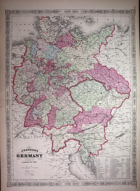 1866 Johnson's Atlas Map ~ GERMANY (XL18x28) ~Free S&H #749