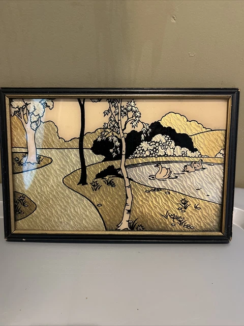 Art Deco 1930’s Reverse Painting On Glass Landscape Scene Original Frame RPF co