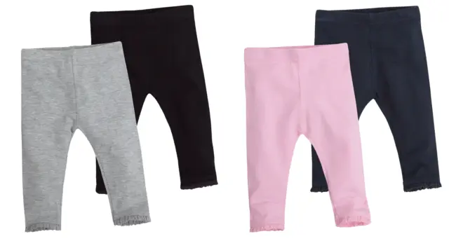 Baby Girls 2 Pack Cotton Rich Leggings Stretch Kids Trousers Pants Lace Trims