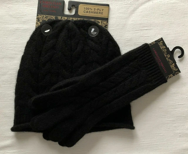NWT CHRISTIAN SIRIANO 100% Cashmere Black Horseshoe Cable Beanie and Gloves set