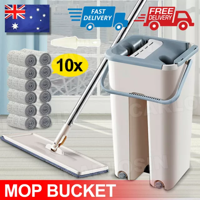360 Rotating Wet Dry Mop Bucket Rinse Wash Self Wash Cleaning 10 Pads + Scraper