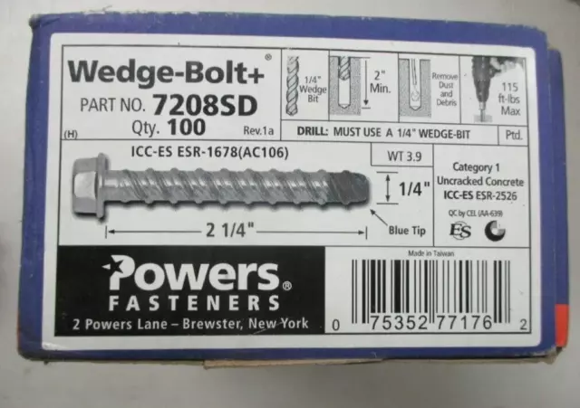 Powers Fasteners 1/4" x 2-1/4" Wedge Bolt Concreate Anchors 7208SD New 100 pcs.