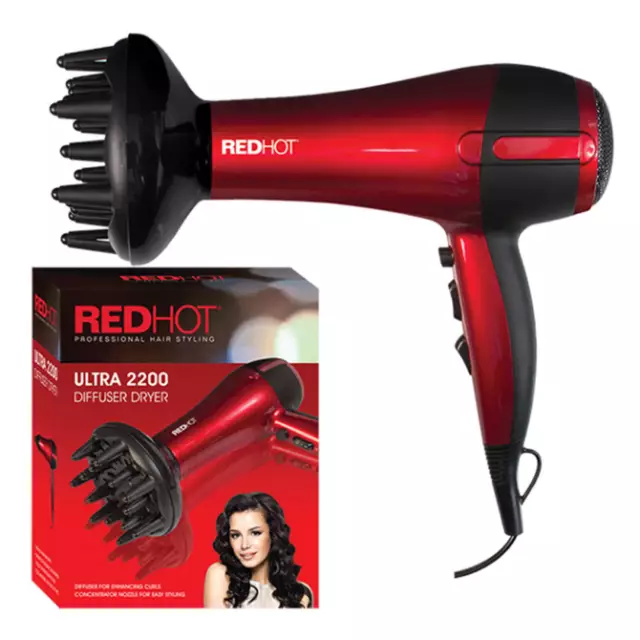 Red Hot Professional Style 2200W Hair Dryer w/ Diffuser & Nozzle Salon Styler