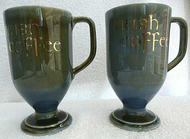 Irish. Studio Pottery  PAIR . Mugs. Irish Coffee .Gold Detail .Unused. 5 ins.