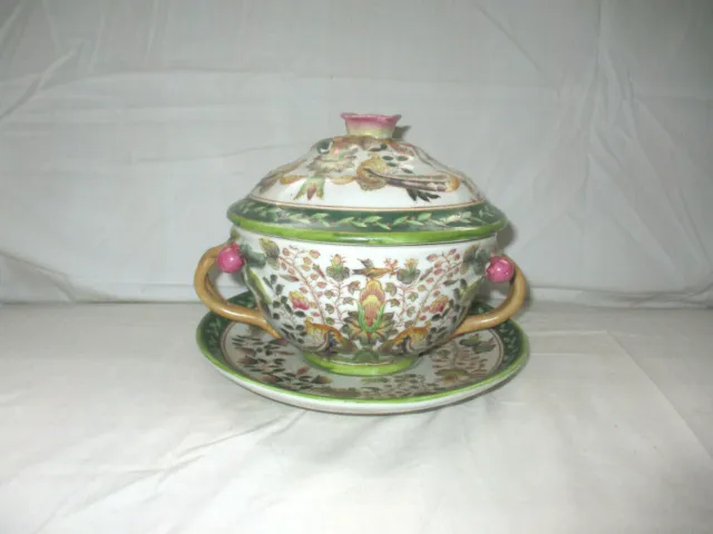 VTG Chinese Ornate Porcelain Fruit, Birds & Flowers Covered Tureen & Underplate
