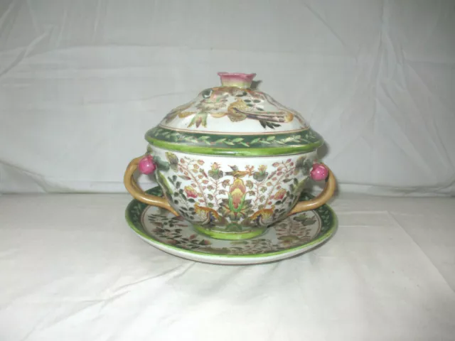 VTG Chinese Ornate Porcelain Fruit, Birds & Flowers Covered Tureen & Underplate