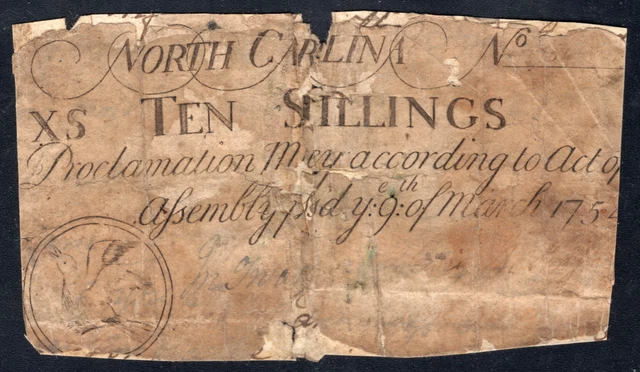 North Carolina Colonial Note Fr#NC-76 March 9, 1754 10 Shillings *Dove*