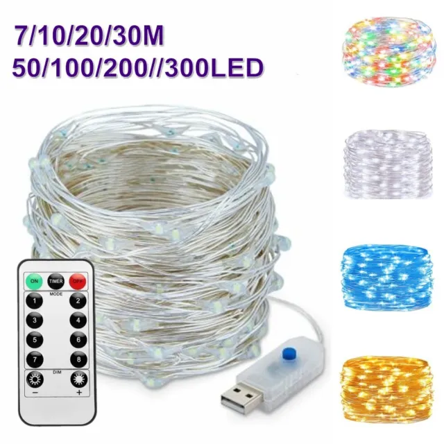 7-30M 50/100/200LED Copper Wire Party USB Twinkle LED String Fairy Lights Remote