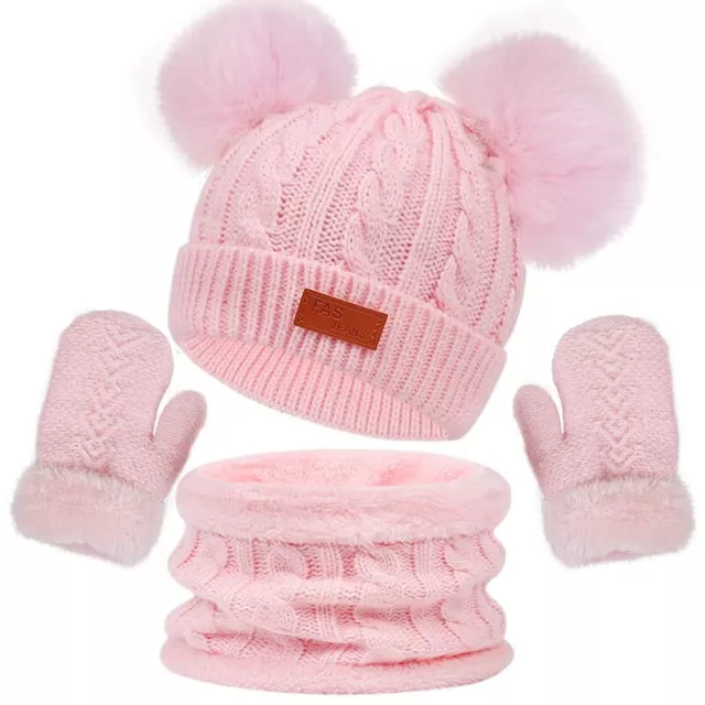 Kids Winter Hat Scarf Gloves Set Knitted Hat Neck Warmer with Cute Pom Pom fo...