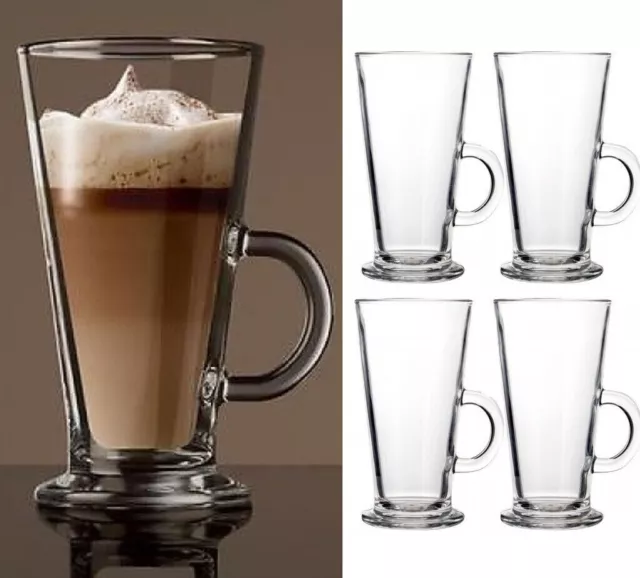 3 x TALL LATTE GLASSES COFFEE MUG GLASS HANDLE CHOCOLATE CAPPUCCINO DRINK 270ml