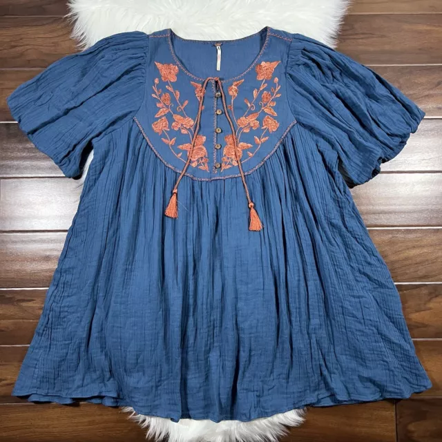 Free People Women's Size Large Blue Rosa Linda Embroidered Mini Dress