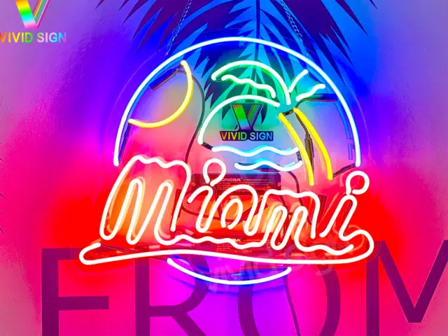 Miami Beach Palm Tree Sun Acrylic 20"x16" Neon Light Sign Lamp Bar Beer Open