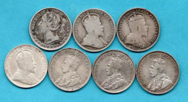 7 X Canada Silver 25 Cent Coins Dated 1900 - 1919. Twenty Five Cents Job Lot. 2