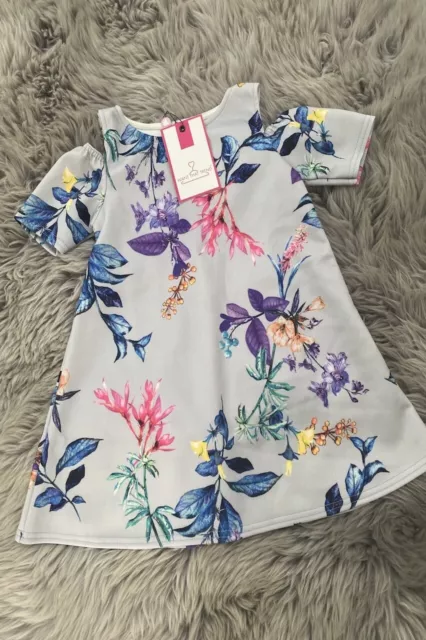 Girls Light Blue Vibrant Floral Print Summer Cold Shoulder Swing Dress Age 5-6