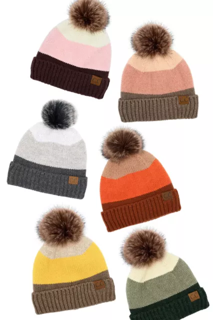 Jinscloset C.C Exclusive Warm Multi Color Block Stripes Beanie With Faux Fur Pom