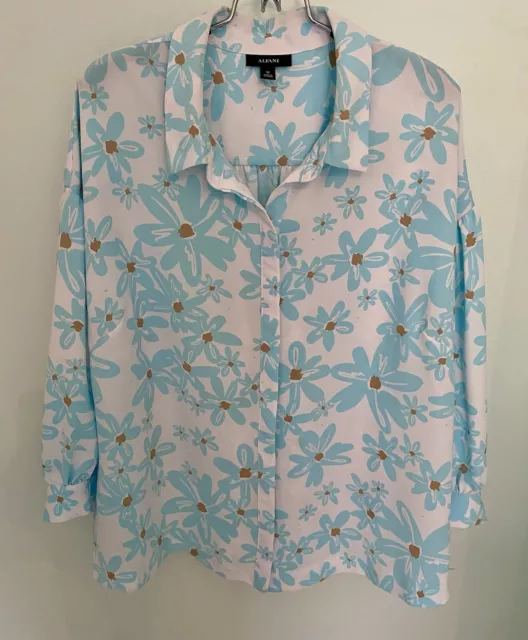 ALFANI White Pale Blue & Brown Floral Button Up Blouse Long Sleeve Women’s Sz 3X