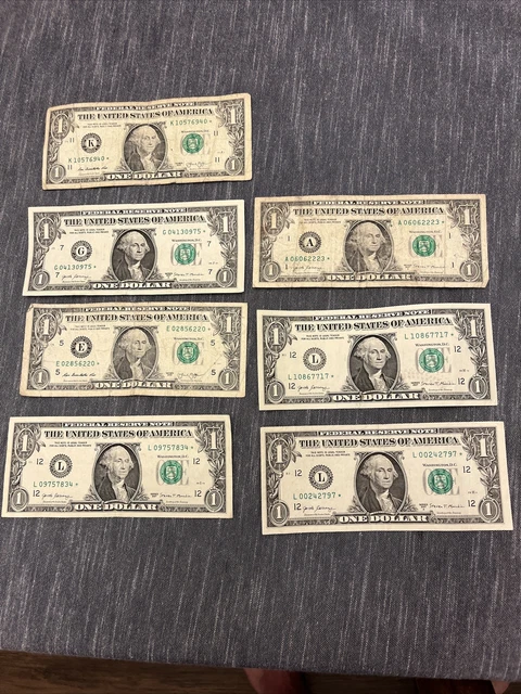 Lot of 7 STAR NOTES $1.00 One Dollar Bill Star Note 2013 2017 2017-A