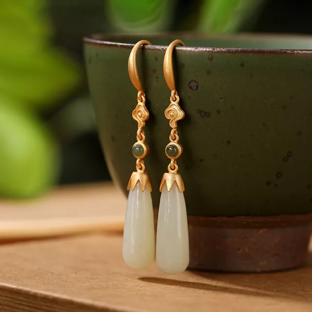 Natural Nephrite Classical Chinese style White Jade Long Dangle Earrings hot