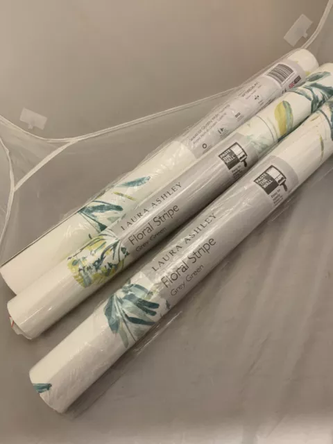 Laura Ashley Wallpaper Floral Stripe Grey Green Rolls Same Batch NEW x3