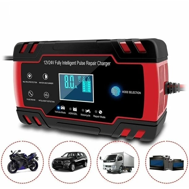 Chargeur Batterie Moto Voiture Intelligent 12/24V 8A Protection Surchauffe LCD