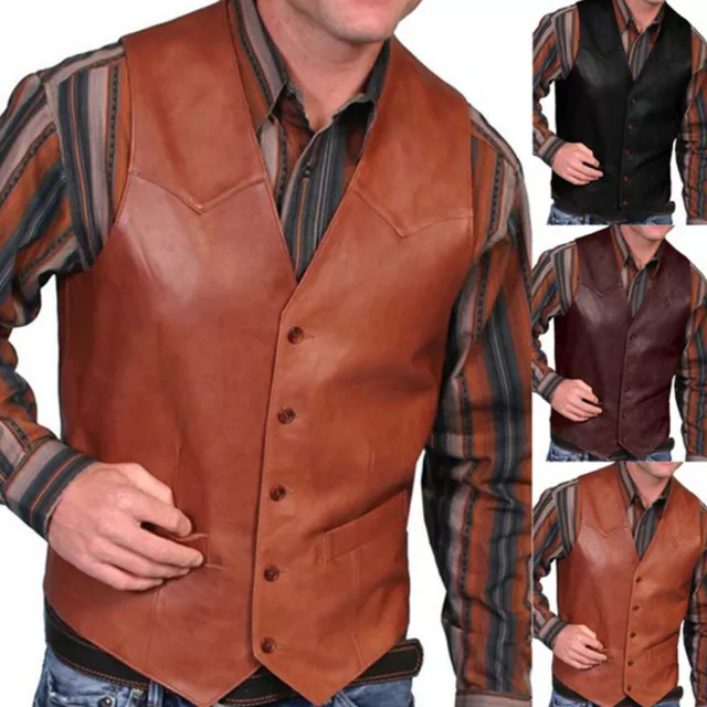 Men's Genuine Classic Black Real Leather Plain Waistcoat Motorcycle Biker Vest