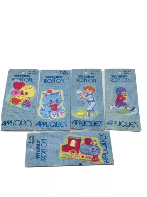 Lote de 5 parches de apliques de hierro de colección Wright's Iron-On béisbol tren gato nuevo de lote antiguo