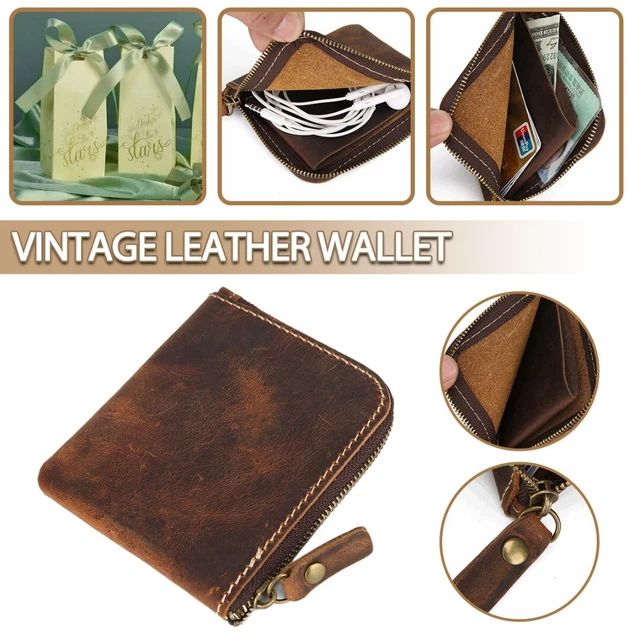 Genuine Leather Short Coin Wallet For Men Retro Zipper Pocket Change Purse j-
