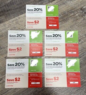 Lot Of 5 VALUE VILLAGE SAVERS COUPON 20 Percent Off Expires 12/31/22