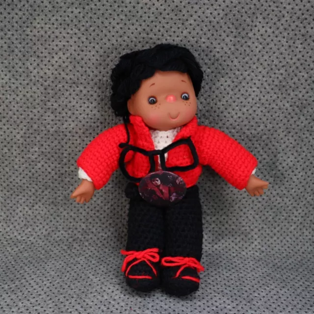 Vintage One Of A Kind Handmade Crochet Michael Jackson Thriller Doll W/ Vtg Pin