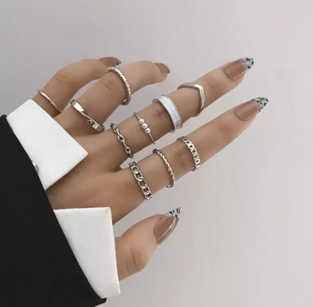 Women's Fashion Jewelry Silver Bohemian Vintage Ring Set Geometric 47