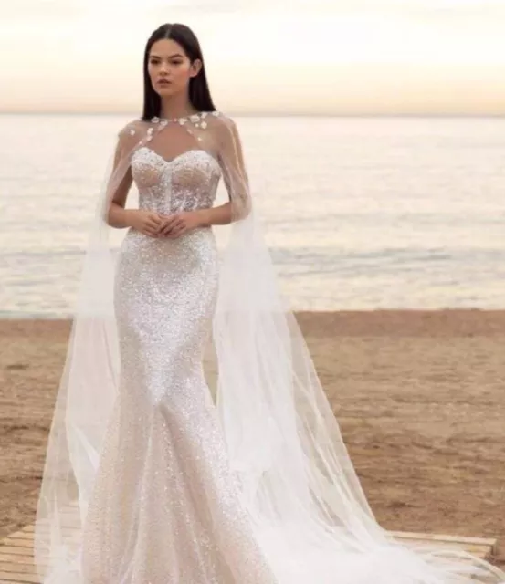Strapless Beaded White Sz4 Mermaid Lace Wedding Dress With Cape by Lakshmigown