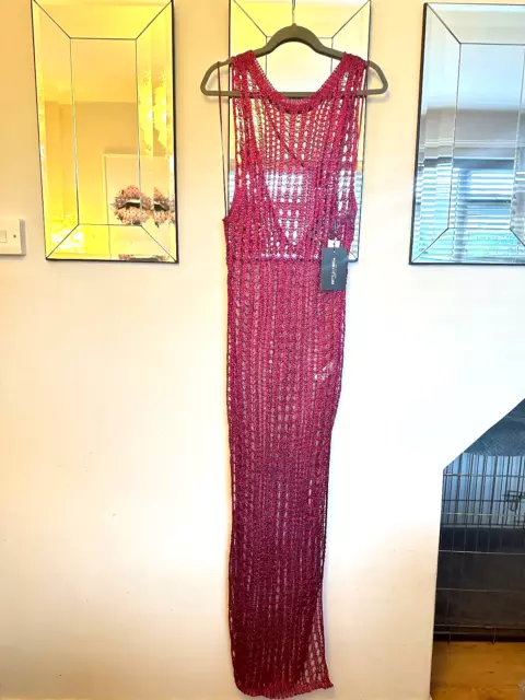 Plt Bright Pink Metallic Knit Side Dplit Maxi Dress Beach Cover Up/Holiday 12