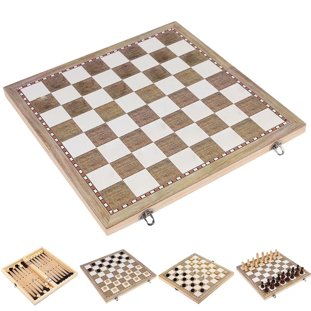 FOLDING WOODEN-CHESS SET Board Game Checkers Backgammon Draughts Toy ...