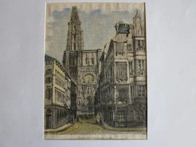 GRAVURE SUR BOIS AQUARELLEE 19 ème CATHEDRALE DE STRASBOURG