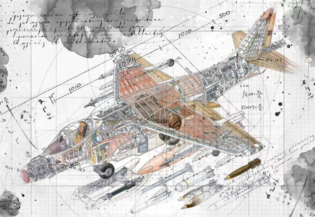 Line Tech Drawing  Harrier Jet  Plane Aircraft Cutaway Art Poster Print