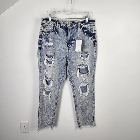 NWT Kancan Amy High Rise Mom Acid Wash Distressed Raw Hem Stretch Denim Jeans