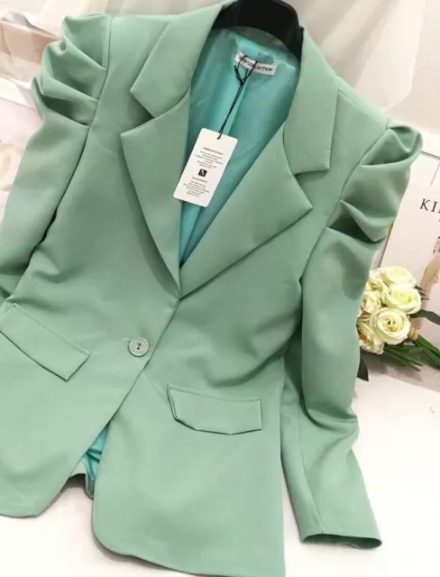 Giacca cappotto blazer da donna colore turchese elegante formale manica a sbuffo