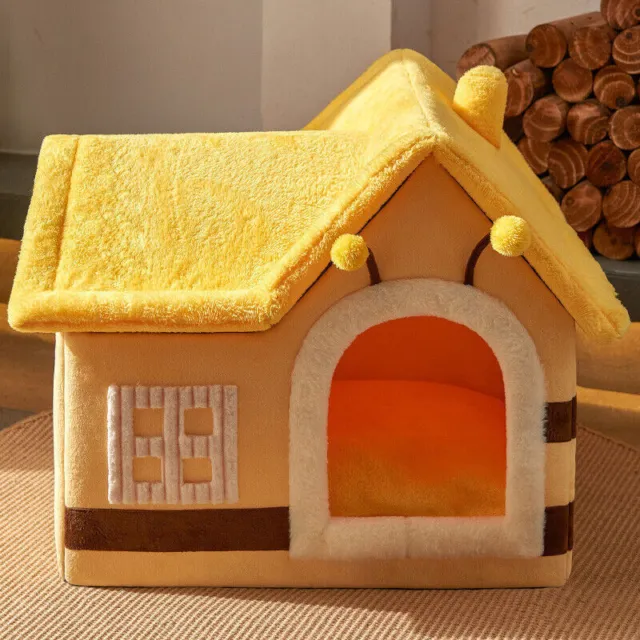 Pet Dog Cat House Bed Kennel Indoor Raised Tent Cushion Mat Warm Chimney Puppy