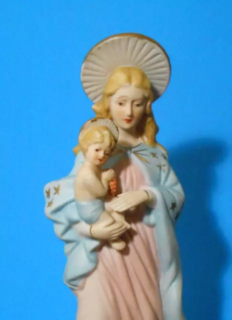 antique Mary & Infant Jesus handpainted Porcelain Religious statue-gold stars