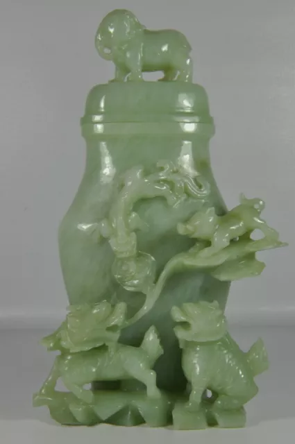 8.3" Estate Fine China Chinese Carved Green Celadon Jade Urn Vase Scholar Art