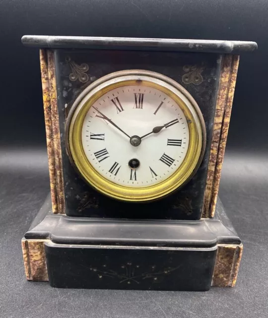 Black Carved Stone Slate & Marble Antique Mantle Clock 8 1/2" Tall with Key