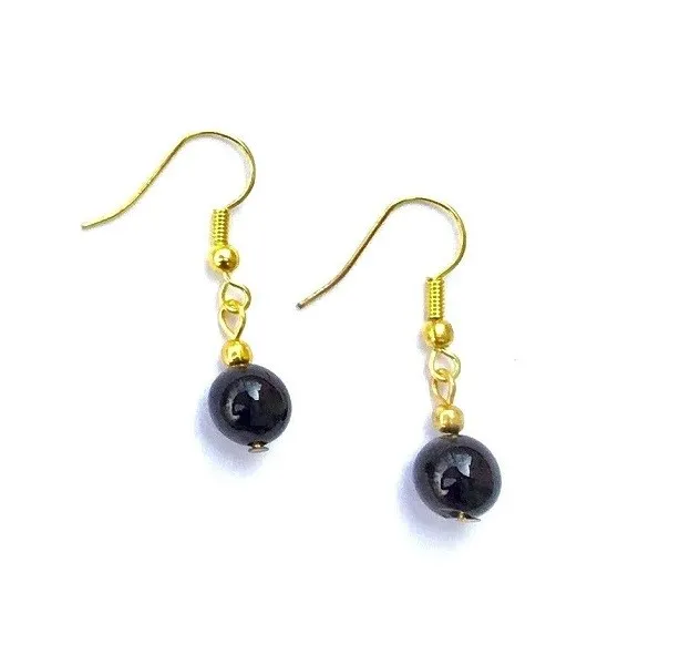 8mm black agate bead gold plated dangle earrings